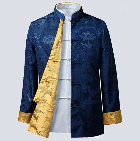 Reversible Silk Blend Auspicious Chinese Jacket – IDREAMMART Chinese Clothing For Men, Chinese Suit, Hanfu Fashion, Hanfu Men, Chinese Shirt, The Stormlight Archive, Coat Styles, Bio Fashion, Chinese Warrior