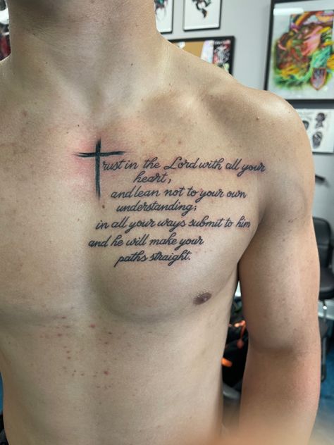 Bible Chest Tattoo Men, Chest Bible Verse Tattoo Men, Verse Chest Tattoo Men, Tattoo Ideas For Men Chest Quotes, Christian Peck Tattoos For Men, Scripture Chest Tattoos For Men, Biblical Chest Tattoos For Men, Chest Tattoo Men Ideas Quotes, Bible Verse Chest Tattoo Men