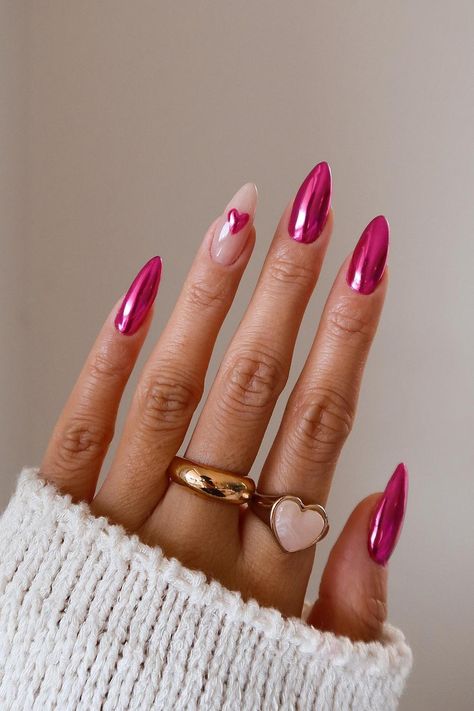 Pink Chrome Nails, Nails Dip, Nagellack Trends, February Nails, Valentine Nails, Pink Nail, Pink Spring, Heart Nails, Dip Powder