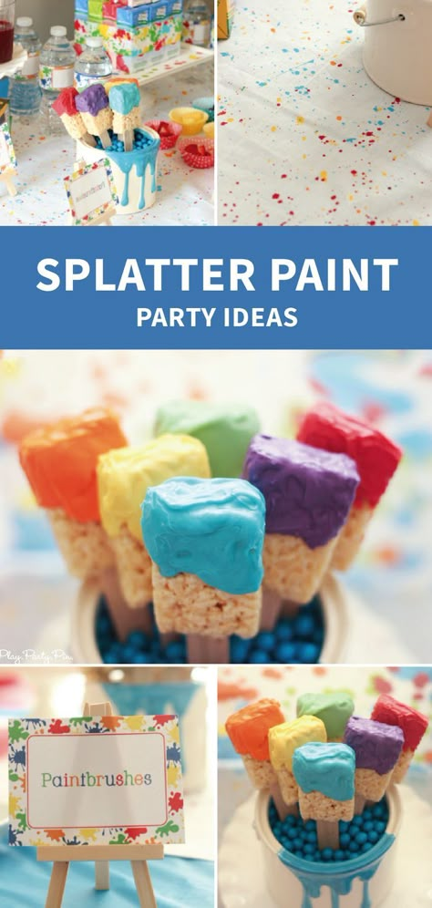 How fun are these Splatter Paint Rice Krispies Treats®️️? Alongwith art party ideas you have all the inspiration you need to throw such a fun and colorful birthday party for your little one. Rice Krispie Treats Paint Brushes, Rice Krispie Treat Paint Brushes, Art Birthday Party Snacks, 3rd Birthday Art Party, Paint Brush Rice Krispie Treats, Painter Birthday Party, Paintbrush Rice Krispie Treats, Rice Krispie Paint Brushes, Painting Themed Party