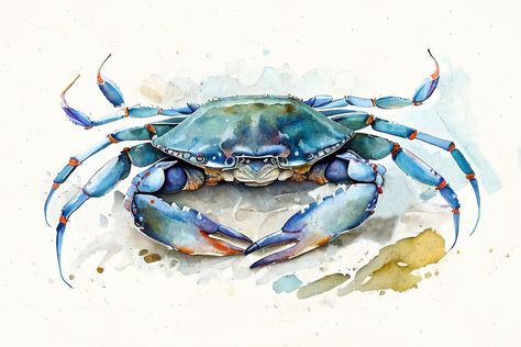 Blue Crab Watercolor, Crab Watercolor, Crab Painting, Crab Art, Watercolor Poster, Blue Crab, Cat Air, Watercolor Canvas, Canvas Art Wall Decor