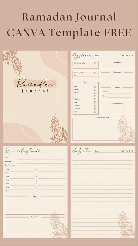 Ramadan Journal CANVA FREE Template. There is also Qur’an Reading Tracker, Daily Planner and Notes, Weekly Meal Plan, Habit Tracker. Follow to get more inspiration. #canva #template #free #planner | GET SPECIAL 35% when you purchase an annual Canva Pro subscription https://partner.canva.com/c/3685232/1486372/10068 Mom Planner Printables Free, Ramadan Journal, Daily Planner Book, Simple Daily Planner, Ramadan Prayer, Weekly Schedule Planner, Daily Planner Printables Free, Free Daily Planner, Study Planner Printable