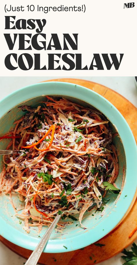 A vegan take on classic coleslaw salad made with 10 simple ingredients! Easy, crunchy, fresh, tangy, and the perfect side for BBQs, sandwiches, and more! Easy Vegan Coleslaw, Vegan Pulled Pork Sandwich, Classic Coleslaw, Vegan Pulled Pork, Bbq Beans, Vegan Coleslaw, Coleslaw Salad, Coconut Bacon, Veggie Skewers