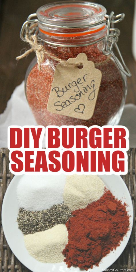 Burger Seasoning, an easy all-purpose DIY spice blend that is perfect for all kinds of burgers beef, chicken, turkey, pork, or even veggie! Make your own homemade Burger Seasoning mix in minutes for yourself or use it as a simple gift idea for your friends and family. Turkey Burger Seasoning, Hamburger Spices, Season Mixes, Grilling Hamburgers, Burger Recipes Seasoning, Burger Spice, Homemade Dry Mixes, Homemade Burger, Dry Rub Recipes