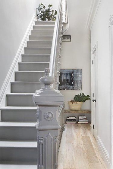 Grey Painted Stairs, Painting Wooden Stairs, Painted Banister, Stairs Painted, Painted Stair Railings, Transitional Staircase, Gray Stairs, White Staircase, Painted Staircases