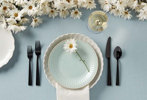 French Perle Dinnerware Styled 6 Ways | Lenox | www.lenox.com – Lenox Corporation Lenox French Perle Table Setting, Lenox French Perle, Whimsy Flowers, Black Flatware, Scallop Pattern, Unique Bouquet, Filigree Pattern, Engagement Celebration, How To Mix