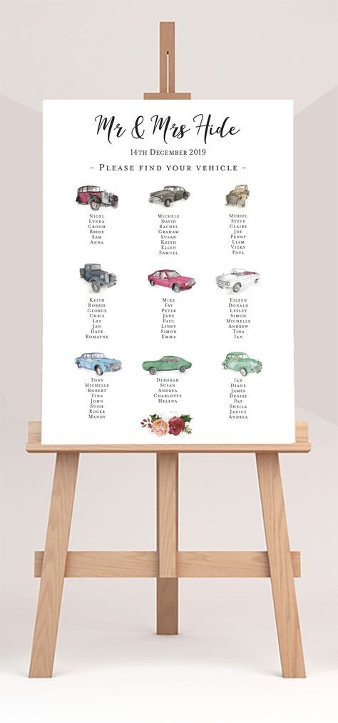 Car Table Numbers Wedding, Nascar Wedding Ideas, Mopar Wedding Ideas, Car Seating Chart, Car Themed Seating Chart, Wedding Ideas Car Theme, Classic Car Wedding Decorations, Mechanic Themed Wedding, Car Themed Wedding Decoration