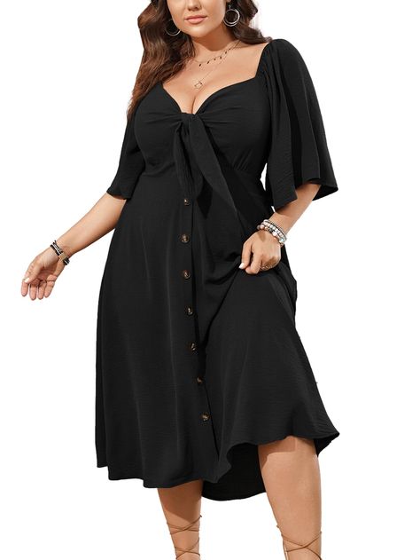 PRICES MAY VARY. Material: This Plus size dress is made in lightweight and skin-touch, soft and flowy texture fabric. It's a great choice to be one of your summer dress collection Design: Plus size dresses for curvy women is in tie front deep v neck design, it's good to shape your figure and show a deep v-neckline, the ruffle 3/4 sleeve is perfect to embellish your arm, back smocked is comfortable to fit your curves, and the button decorates this flowy dress in more fashion Feature: Plus size dr Plus Size Resort Wear Outfits, Big Bust Style Outfits, Plus Size Summer Dresses Casual, Midsize Dresses, Baby Shower Guest Outfit, Plus Size Outfits For Women, Plus Size Summer Dress, Summer Dress Casual, Plus Size Summer Dresses