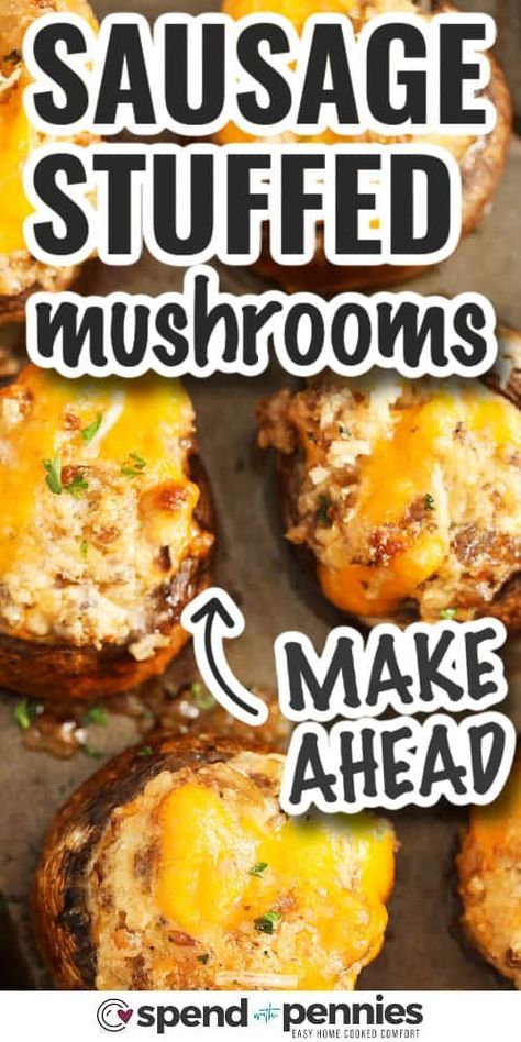 Stuffed mushrooms are so easy to make and can even be made ahead of time. These are an impressive side dish or appetizer, stuffed with cheese, sausage and onion filling, topped with more cheese and then baked until golden brown! We love this easy appetizer! #sausagestuffedmushrooms #stuffedmushrooms #appetizer #spendwithpennies Munchie Ideas, Salted Beef Recipe, Sausage Stuffed Mushrooms Easy, Roasted Mashed Potatoes, Easy Stuffed Mushroom Recipe, Make Sausage, Mushrooms Stuffed, Stuffed Mushrooms Easy, Mushroom Recipes Healthy