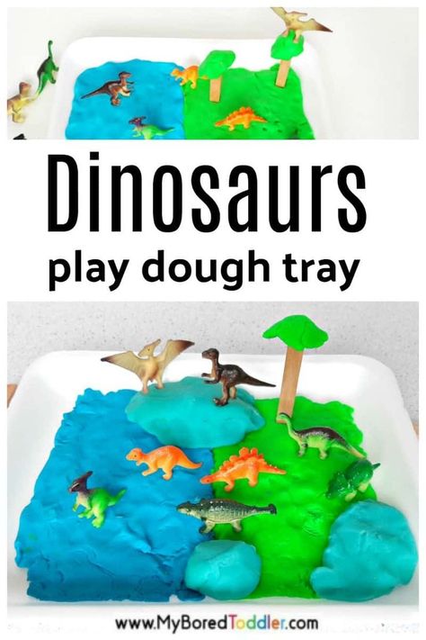 Dinosaur Small World with Play Dough - a fun dinosaur sensory bin activity idea for toddlers and preschoolers #dinosaurs Playdoh Tray, Dinosaur Sensory Bin, Sensory Bins For Toddlers, Dinosaur Small World, Dinosaur Sensory, Early Preschool, Weekly Themes, Dinosaur Play, Theme Preschool