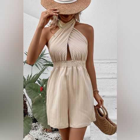 Introducing The Sunshine Blissed Smocked Halter Romper, The Epitome Of Vacation-Ready Summer Fashion. This Short, Sleeveless Halter Romper Is Crafted From 100% Polyester, Ensuring A Comfortable And Stylish Fit For All Your Summer Plans. Please Allow 7-10 Days For Processing Shipping Rompers For Concert, Resort Rompers, Festival Rompers, Onesies Rompers, Sun Rompers, Keyhole Rompers, Neutral Rompers, Summer Beach Rompers, Tank Top Rompers, Tropical Rompers, Vacation Rompers, Rompers For Easter, S Elegant Summer Outfits, Casual Date Night, Halter Romper, Casual Outerwear, Maxi Robes, Short Jumpsuit, Khaki Color, Playsuit, Halter Neck