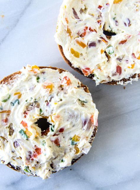 Veggie Cream Cheese, Lox Bagel, Cream Cheese Spread Recipes, Bagel Spread, Healthy Vegetarian Breakfast, Flavored Cream Cheeses, Cheese Spreads, Lox And Bagels, Cheese Bagels