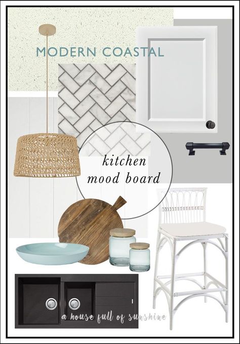 Inspiration for a modern coastal kitchen with a Hamptons vibe. Crisp, fresh white-on-white colour scheme with black accents, herringbone marble, rattan & duck egg blue. Click through for sources and progress shots! via @karenschrav Black And White Coastal Kitchen, Coastal With Black Accents, Hamptons Vibe, Coastal Decor Kitchen, Modern Coastal Kitchen, Kitchen Coastal, Design Mood Board, Daniel Island, Kitchen Mood Board