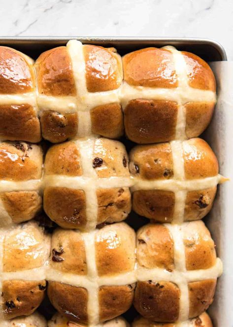 Easy Hot Cross Buns Recipe - perfectly spiced, fluffy and moist, with a no knead, no stand mixer option! www.reciptineats.com Hot Cross Buns Recipe Easy, Hot Cross Bun Recipe, Cross Buns Recipe, Hot Cross Buns Recipe, Hot Cross Bun, Recipetin Eats, Buns Recipe, Recipe Tin, Vbs Ideas