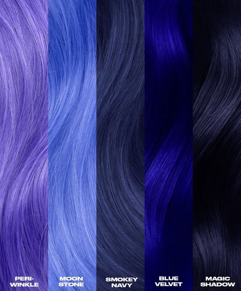 Purple And Blue Hair Color Ideas, Blue Purple Hair Color, Cobalt Blue Hair, Highlights For Dark Hair, Blue Hair Colour, Purple Blue Hair, Blue And Purple Hair, Dark Hair Dye, Hair Color Swatches