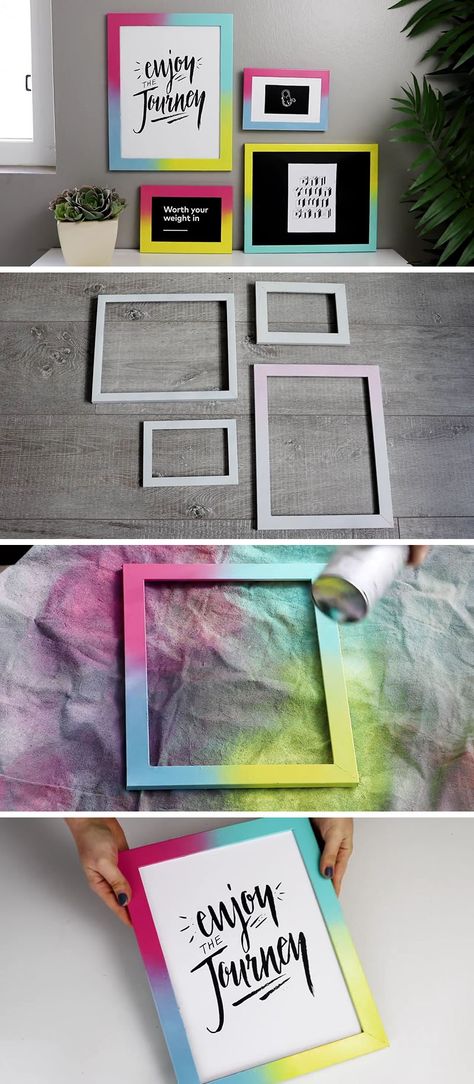 Create your own easy DIY colorful gallery wall by spray painting simple white frames with bright colorful gradients, and pair them with simple black and white artwork to keep it all looking contemporary. Photo Frame Ideas, Cadre Photo Diy, Diy Photo Frame, Picture Frame Crafts, Diy Photo Frames, Simple Artwork, Diy Office, White Frames, Frame Ideas