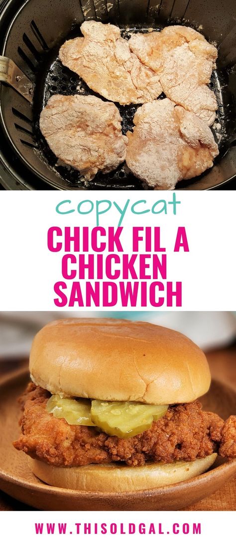 Top image - Chicken in the Air Fryer basket Bottom Image- completed Air Fryer Chick Fil A sandwich Chick Fil A Chicken Sandwich, Chick Fil A Sandwich, Chicken Breast Sandwich, Spicy Chicken Sandwiches, Chicken Sandwich Recipes, Chicken Sandwiches, Air Fryer Recipes Chicken, Air Fryer Dinner Recipes, Fried Chicken Recipes