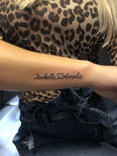 Daughter’s Name Tattoo, Tattoo Ideas Female Daughter Name, 2 Kids Names Tattoos For Women, Tattoo With Siblings Names, 2 Name Tattoos For Women, Small Kids Name Tattoos For Women, Names On Wrist Tattoos, Daughters Names Tattoos, Two Name Tattoo Ideas For Women