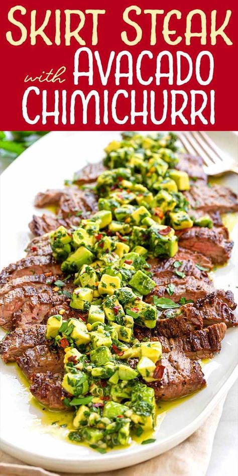 Skirt Steak with Avocado Chimichurri! Add a little Argentinian flair to pan-seared skirt steak with a simple avocado chimichurri sauce. The lean and beefy cut cooks in just minutes. It’s a quick dinner that will take your taste buds on a South American adventure! #skirtsteak #chimichurri #quickdinner #easydinner #simplyrecipes Chimchiri Steak, Skirt Steak Recipes Oven, Avocado Chimichurri, Juicy Turkey, Chimichurri Recipe, Weekly Dinner, Iron Recipes, Baked Turkey, Chimichurri Sauce