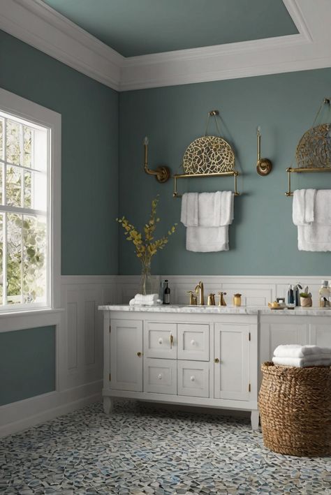 bathroom remodeling, bathroom tile ideas, bathroom decoration, bathroom renovation Bathroom Paint Inspiration Color Schemes, Blue Green Bathroom Paint, Dusty Blue Bathroom Ideas, Cozy Bathroom Colors, Color Ideas For Bathroom, Bathroom Colors For 2024, Bathroom Paint Inspiration, Dusty Blue Bathroom, Restroom Colors