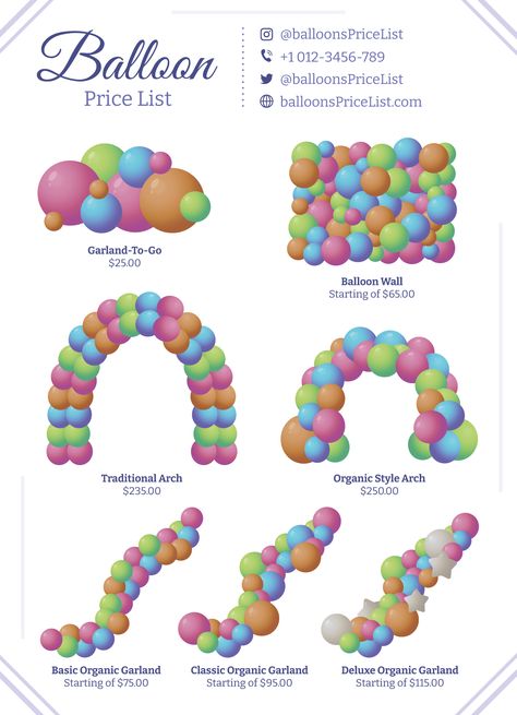 Event Decor Price List, Balloon Price List Template, Balloon Arch Pricing Guide, Balloon Arch Price List, Balloon Price List, Balloon Decor Business, Balloon Garland Pattern, Balloon Garland Pricing Guide, Balloon Arch Pricing