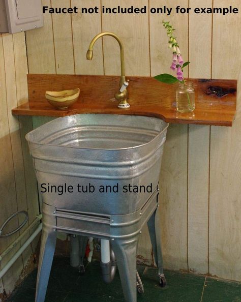 Square Wash Tub with standard 1-1/2" tailpiece Kitchen Sink Basket Drain Strainer (Double tub with standard 1-1/2" tailpiece drain and stand) - - Amazon.com Galvanized Laundry Sink, Galvanized Wash Tub Sink, Rustic Sink Bathroom, Washtub Decor Ideas, Old Wash Tub Ideas, Galvanized Bucket Sink, Wash Tub Sink, Galvanized Tub Sink, Mud Room Laundry Room Combo