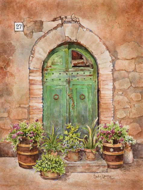 Tuscan Door | Cindy Briggs Art & Watercolor Paintings Tuscan Doors, Watercolor House Painting, Watercolor Scenery, Learn Watercolor Painting, Watercolor Postcard, Watercolor Workshop, Learn Watercolor, Watercolor Lessons, Cat Air