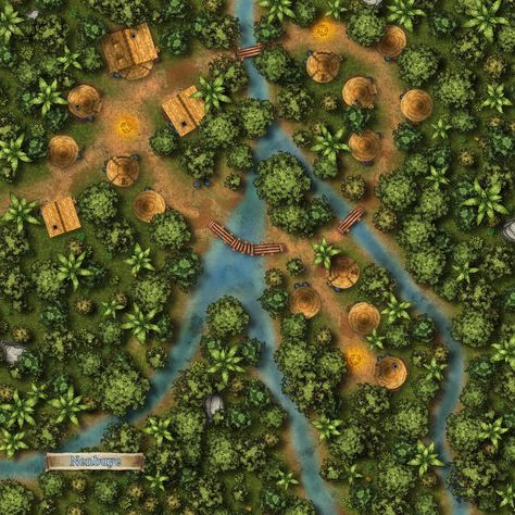 Top-view small jungle village map for tabletop games such as D&D. Enjoy! Dnd Jungle Village Map, Fantasy Jungle Village, Forest Village Map, Dnd Jungle Map, Jungle Village Minecraft, Jungle Battlemap, Dnd Jungle, Jungle Map, Jungle Village