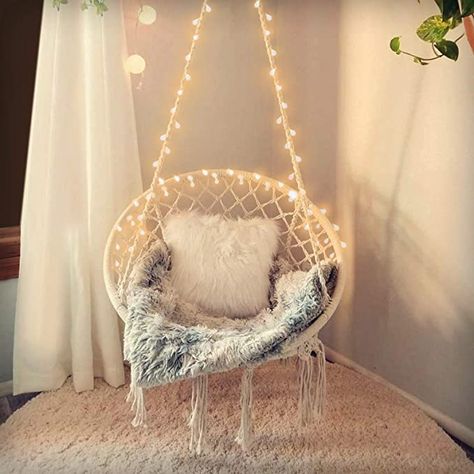 Bedroom Hammock Chair, Hammock In Bedroom, Bedroom Swing, Macrame Swing, Purple Girl, Hanging Hammock Chair, Room Aesthetics, Hanging Hammock, Outdoor Bedroom