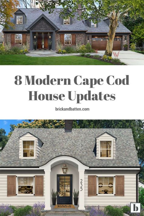 Looking to visualize modern Cape Cod house updates for your exterior? Well then you're in luck, because we've rounded up some of our favorite Cape Cods we’ve designed over the years in this list. It includes before & afters featuring both minor refinements and massive changes. Something for everyone! #brickandbatten #capecodhome #capecodstyle #capecodhomes #capecodhouse Modern Cape Cod House, Cape House Exterior, House Exterior Before And After, Cape Cod House Interior, Cape Cod Renovation, Modern Cape Cod, Cape Cod Exterior, Cape Cod House Exterior, Cape Style Homes