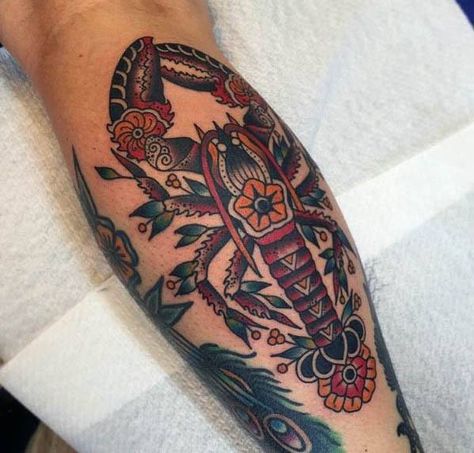 Guys Crawfish Traditional Old School Leg Tattoos Crawfish Tattoo, Idle Hands Tattoo, Louisiana Tattoo, Lobster Tattoo, Maine Tattoo, Sea Life Tattoos, Nautical Tattoos, Tattoo Ideas For Guys, Bike Tattoos