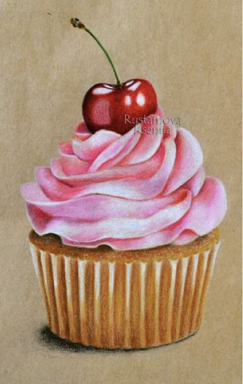 Cupcake Drawing Colored Pencil, Cake Drawing Color Pencil, Realistic Cupcake Drawing, Dessert Drawing Realistic, Cake Colour Painting, Cake Drawing Realistic, Drawing Realistic Colored Pencils, Coloring Pencils Drawing, Realistic Colour Pencil Drawings