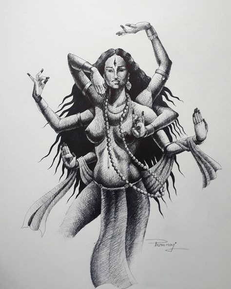 Goddess Sketch Drawing, Kali Goddess Art, Maa Kali Drawing, Kali Maa, Ib Art, Buddhist Art Drawing, Pen Art Work, Shadow Drawing, Maa Kali