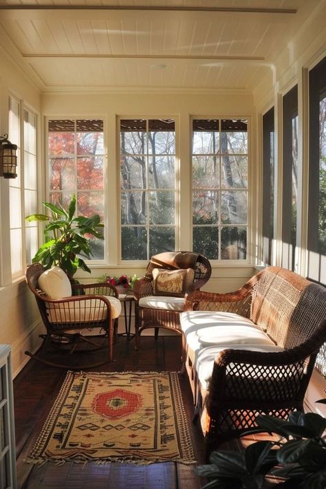 Small Sunroom Addition, Nature Observatory, Vintage Sunroom, Cozy Sunroom Decorating Ideas, Cabin Sunroom, Tiny Sunroom, Front Door Portico, Sunporch Ideas, Sunroom Decorating Ideas