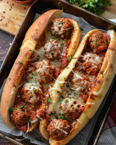 Just made these delicious Beef Meatball Subs! They're loaded with homemade beef meatballs and topped with marinara and lots of cheese! Meatball Sub, Meatball Subs, Healthy Food Dishes, Food Therapy, Yummy Comfort Food, Food Recepie, Food Obsession, Interesting Food Recipes, Marinara