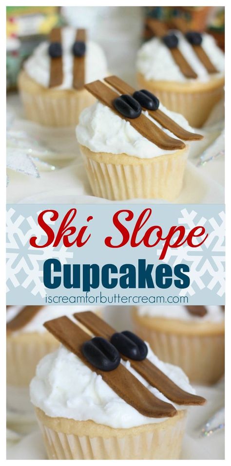 Easy and edible ski slope cupcakes. These little cuties are the injury free way to go skiing plus they're so fun to make. Ski Cake, Ski Birthday, Activity Schedule, Lolly Cake, Ideas For Cupcakes, Cupcake Tutorial, Ski Party, Apres Ski Party, Diy Cupcake