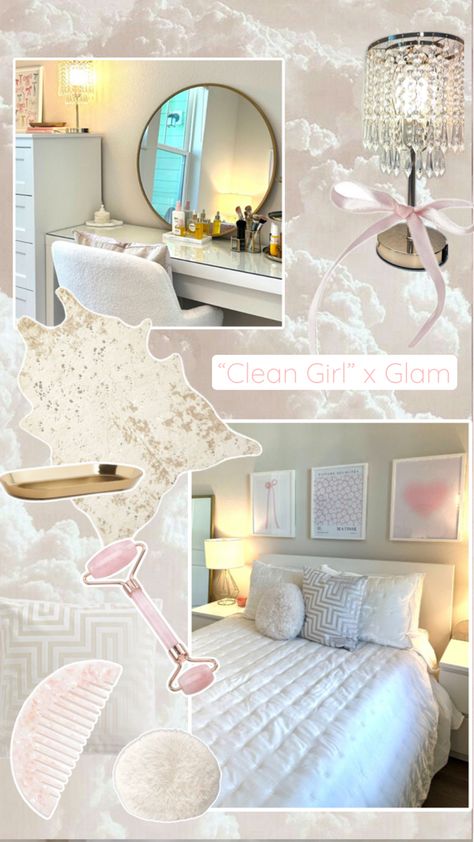 “Clean girl” aesthetic bedroom decor with luxe textures, shimmering accents, and gold. Small Dorm Room, Small Dorm, Glam Bedroom, Casa Vintage, Bedroom Style, Study Room Decor, Dream Room Inspiration, Room Makeover Bedroom, Room Essentials