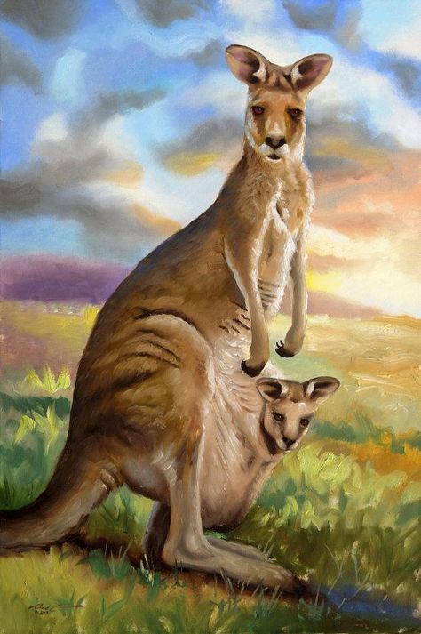 kangaroo painting | Kangaroo wildlife animal large 36x24 oils on canvas painting by RUSTY ... Kangaroo Painting, Kangaroo Drawing, Kangaroo Art, Koala Drawing, Australia Animals, Wildlife Prints, Thai Art, Animal Silhouette, Wildlife Paintings