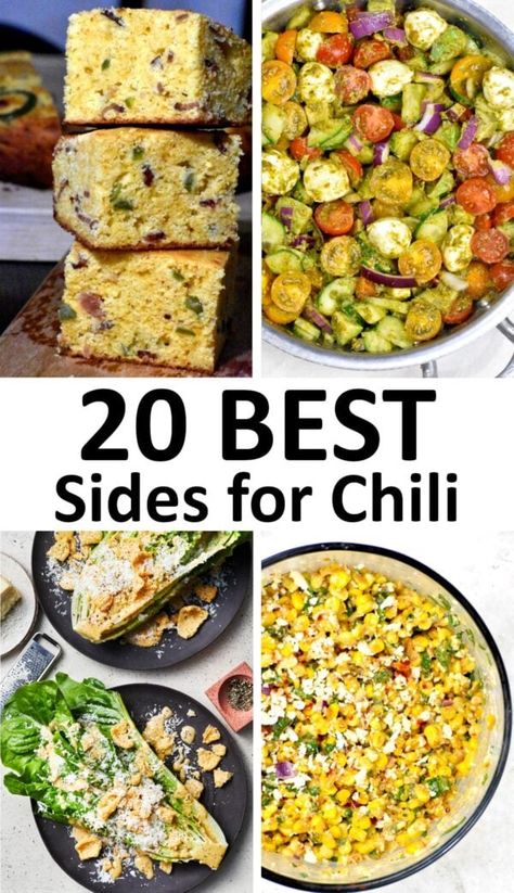 What to serve with chili - the 20 best sides for chili. Side Dishes For Chili Party, Side Dishes For Chili, Chili Side Dishes, Chili Sides, Chili Dinner, Pesto Dressing, Chili And Cornbread, Caesar Salad Recipe, Summer Tomato