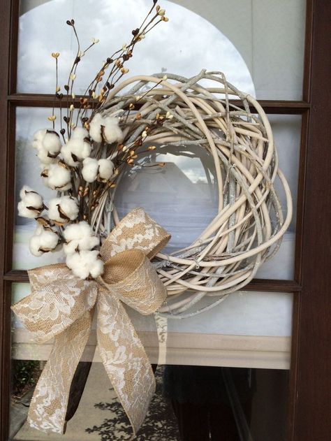 Whitewashed grapevine wreath with cotton spray and burlap lace ribbon by… Wreath With Cotton, Easter Door Decor, Door Hangers Diy, Cotton Decor, Easter Door Hanger, Vine Wreath, Cotton Wreath, Easter Door, Burlap Lace