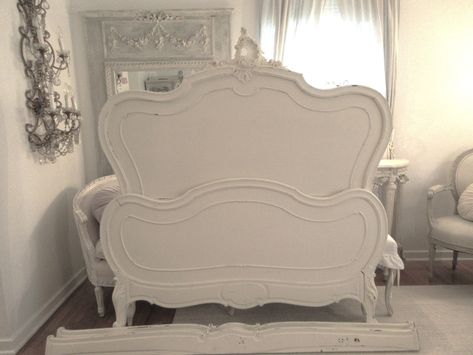 "~Please read-NO FREE SHIPPING~Antique French Louis Xv complete bed from Fance.Full size white wooden bed with top carved cartouche and roses carvings.Bed includes headboard,footboard,side rails and mattress flats.Headboard measures 65 1/2\"height x 63\" width,Footboard 34\" height x 60\" width,Side rails 72\".This is antique so please expect imperfections due to age.Vintage wear,chippy areas,cracks,etc.Shipping is not included in price and is the responsibility of buyer to make shipping arrange Full Size Bed Headboard, Queen Size Bed Headboard, French Provincial Bed, Full Bed Headboard, King Size Bed Headboard, Antique French Bed, White Wooden Bed, Romantic Farmhouse, French Style Bed