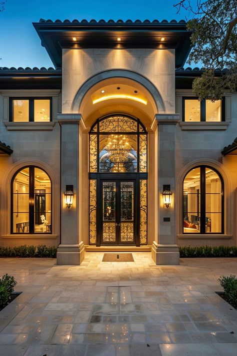 Mediterranean mansion grand arch entrance. Discover these amazing Mediterranean mansions that make you see luxurious seaside retreats in a new light. Front Door Mediterranean Entryway, House Grand Entrance, Mediterranean Homes Aesthetic, Grand House Exterior, Mediterranean Mansion Exterior, Luxury Entrance Design, Modern Mediterranean Homes Exterior, Modern Mediterranean House Design, Mansion Entrance