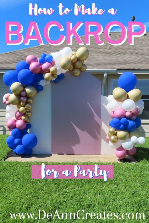 This tutorial will show you how to make a custom backdrop for a birthday party. You will need foam insulation boards, shelf brackets, and finger joint boards to make this DIY backdrop. This backdrop is perfect for a birthday party, graduation party, bridal shower, baby shower, gender reveal, and so much more. #BackdropDIY #DIYBackdrop #DIY Diy Bday Backdrop, Outdoor Party Backdrop Diy, How To Make Backdrop For Party, Diy Panel Backdrop, Baby Shower Backdrop Diy, Retreat Decorations, How To Make Backdrop, Diy Chiara Backdrop, Birthday Backdrop Ideas