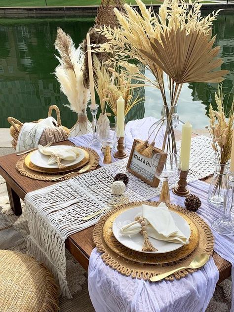 Gold Picnic Decor, Rattan Table Decor, Boho Chic Table Setting, Bohemian Table Setting, Picnic Tablescape, Cheesecloth Runner, Picnic Table Decor, Rustic Picnic, Boho Wedding Guest Book