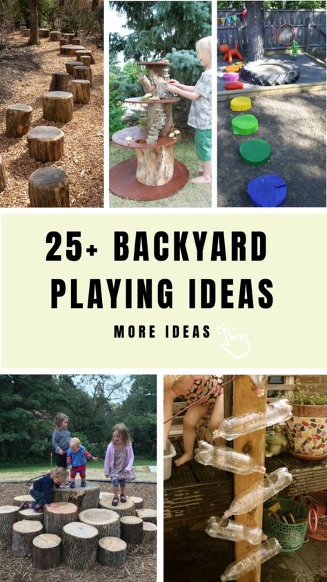 Tree Stump Play Area, Slack Line Backyard, Outdoor Nature Playground, Old Tire Playground Ideas, Playground On A Hill, Montessori Backyard For Kids, Nature Playground Design, Outdoor Toddler Play Area Backyard Ideas, Toddler Obstacle Course Outdoor