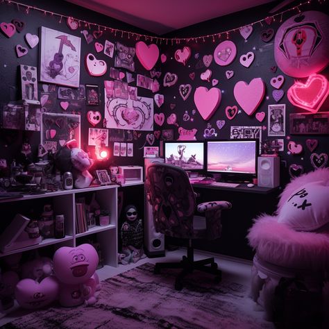 Kawaii Goth Furniture, Emo Kawaii Room, Pink Goth Gaming Setup, Black And Pink Goth Room, Dark Room Inspo Aesthetic, Pink Y2k Room Decor, Room Inspo Pink And Black, Pink Black Room Aesthetic, Draculaura Room Aesthetic