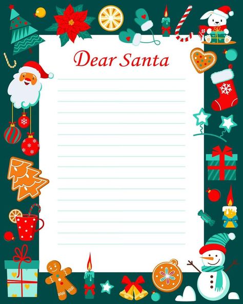 Letter to Santa Claus  template with Christmas characters. Christmas wish list. Dear Santa printable template for kids. Vector illustration Carta A Santa Claus, Santa Claus Template, Dear Santa Printable, Santa Claus Letter Template, Christmas Santa List, Christmas List Template, Snowflake Ornaments Diy, Santa Claus Letter, Santa Printable