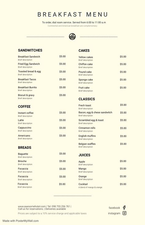 Menu with categories and descriptions Cafe Breakfast Menu Ideas, Breakfast Menu Design, Fried Egg Sandwich, Hotel Menu, Menu Design Inspiration, Cafe Exterior, Diner Menu, Dining Menu, Hotel Breakfast