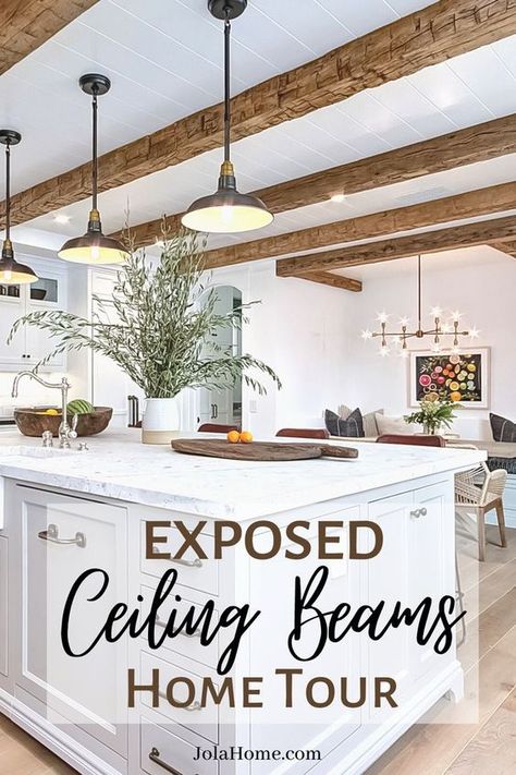 Beam Separating Kitchen And Living Room, Wood Beam Ceiling Kitchen, Wood Beam Ceiling Living Room, Fake Beams Ceiling, Beam In Kitchen, Exposed Ceiling Beams, Rustic Ceiling Beams, Ceiling Ideas Living Room, Ceiling Beams Living Room