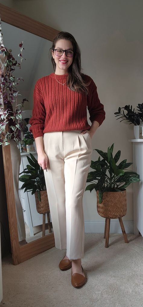 Knit sweater, tailored ankle pants and loafers. Business Sweater Outfits, Dress Pants With Sweater, Camel Corduroy Pants Outfits, Slacks And Sweater Outfit, Sweater And Slacks Outfit, Sweater Office Outfits, Sweater And Dress Pants, Pants And Sweater Outfit, Rust Sweater Outfit